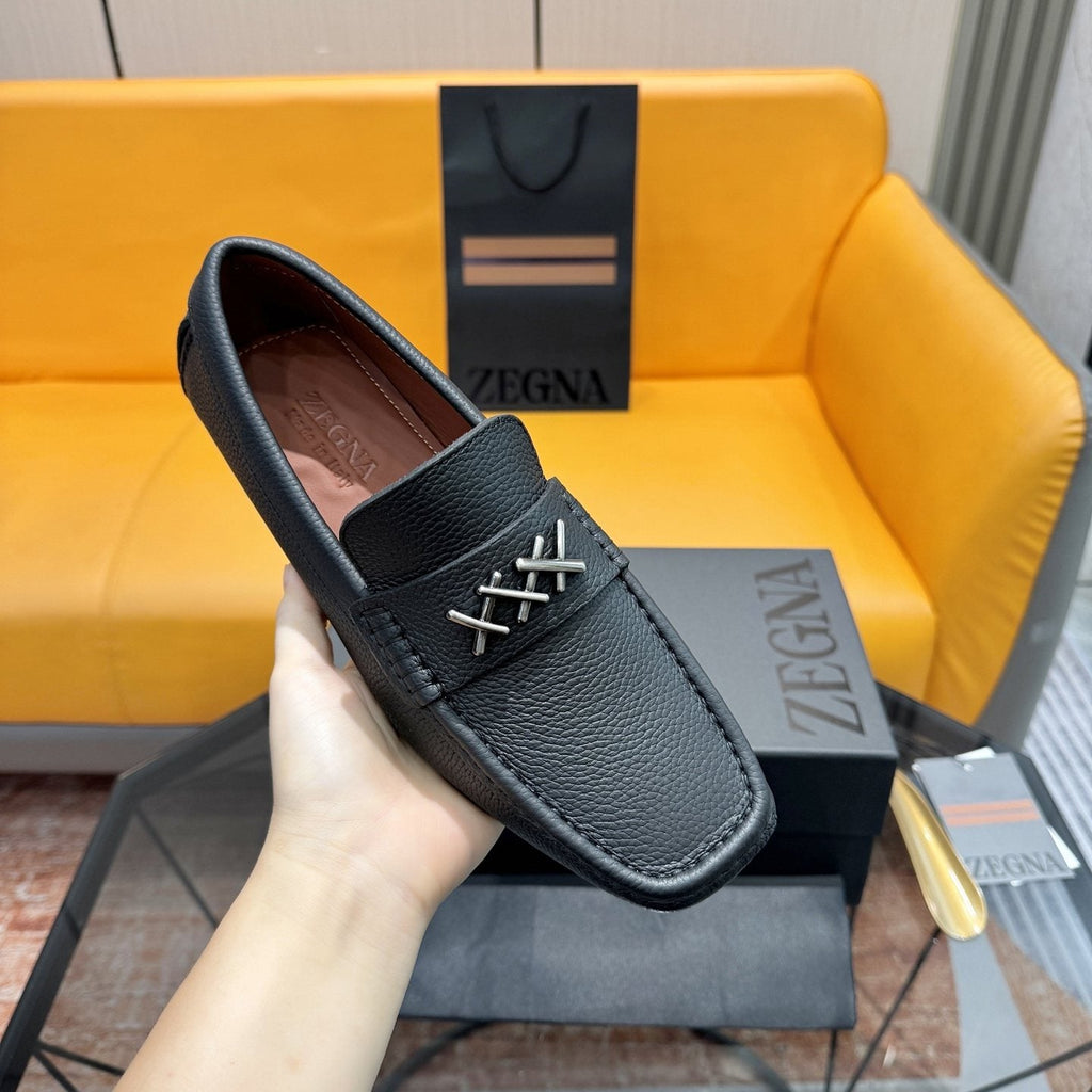 Zegna Black Cross-Stitch Driving Loafers — model