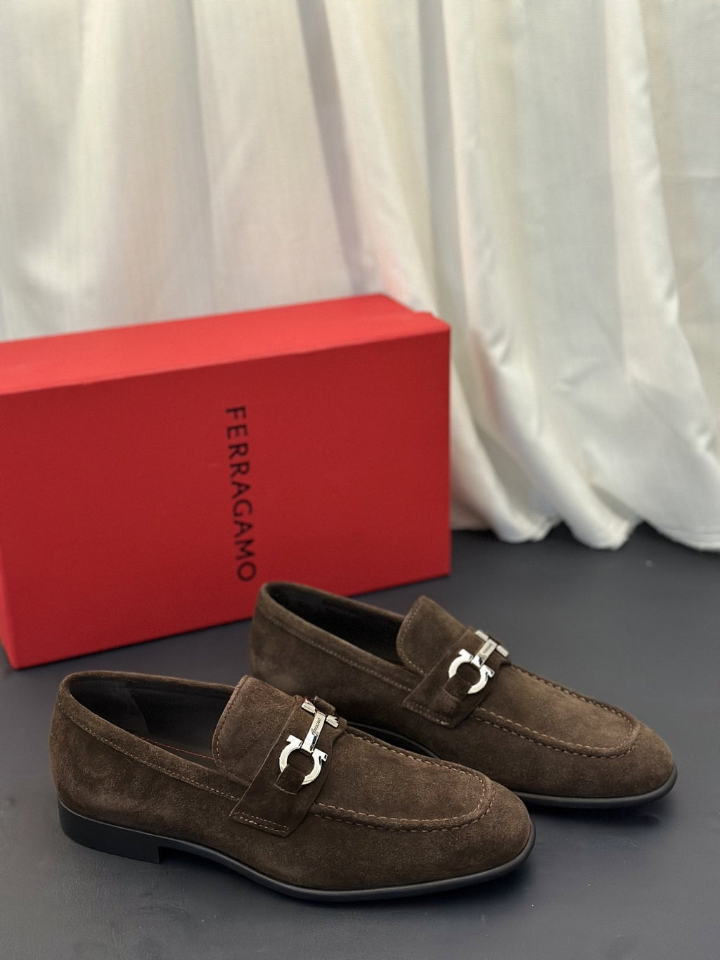 Ferragamo Brown Metal-Detail Loafers — front